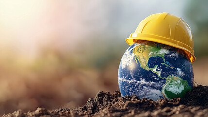 globe representing Earth with construction helmet symbolizes environmental awareness and sustainability. image conveys message of protection and responsibility towards our planet