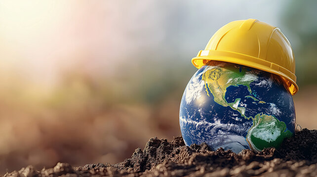 globe representing Earth with construction helmet symbolizes environmental awareness and sustainability. image conveys message of protection and responsibility towards our planet
