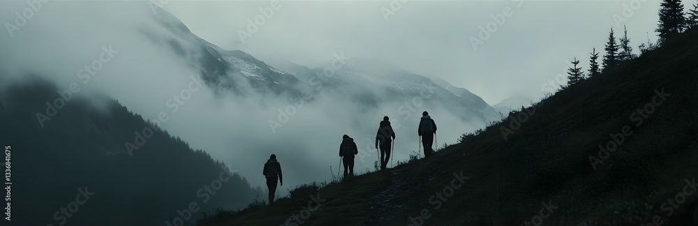 Poster three hikers are making their way up a winding mountain trail on a cloudy misty day creating a moody