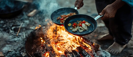 A man prepares two meals in pans over a grill on a fire with contemporary cinematic lighting creating a captivating moody atmosphere in the outdoor wilderness setting
