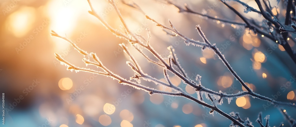 Poster close up of frost covered tree branches illuminated by a warm bright backlight creating a serene and