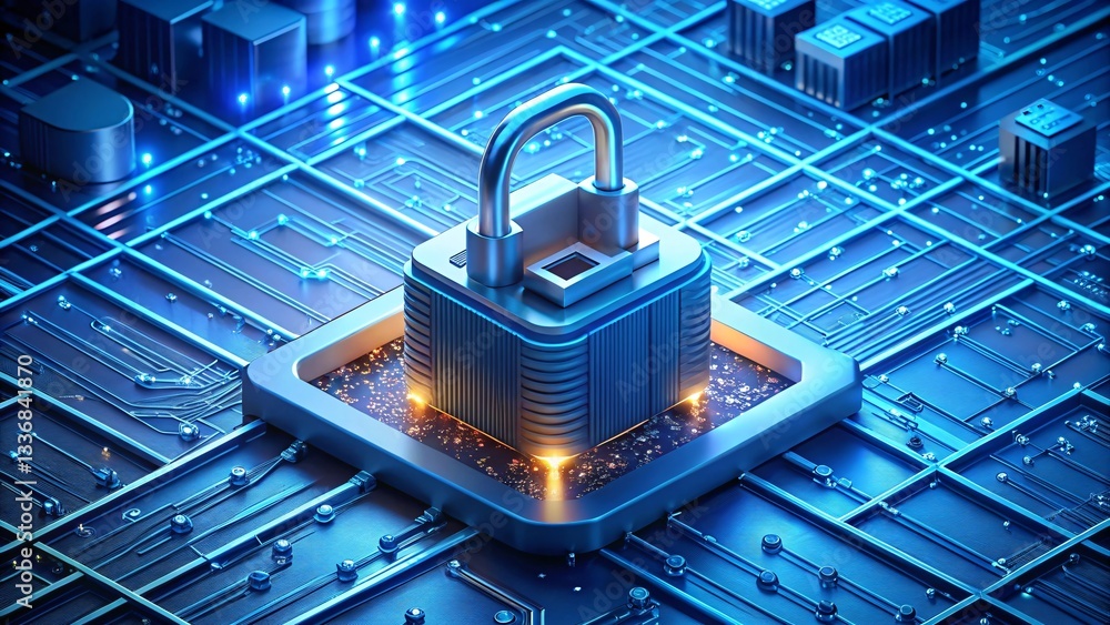 Poster cybersecurity fortress: a padlock, symbolizing digital security, rests on a computer chip set agains