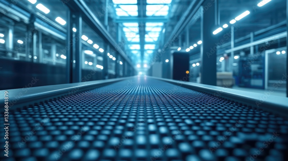 Poster smart conveyor belt system automating product movement in a high-tech factory.