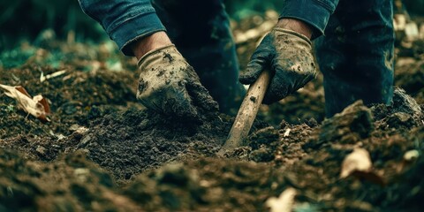 A man is digging in the dirt with a shovel