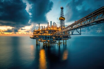 Offshore Hydrocarbon Operations: Long Exposure of Crude Oil Processing Platform at the Coastline with Cranes and Construction Activities