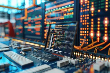 Obraz premium Server monitoring alerts shown on a screen amidst complex circuitry backend error handling system for infrastructure people doing technical diagnostics.