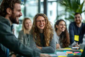Obraz premium Happy colleagues collaborating on a creative project together in a modern office men job work women