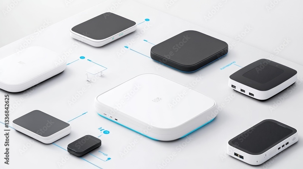 Aufkleber smart home network setup with multiple connected iot devices communicating.