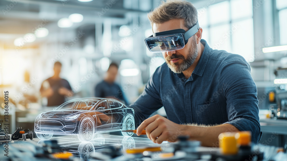 Poster man wearing augmented reality glasses is working on digital car model in modern workshop. environmen