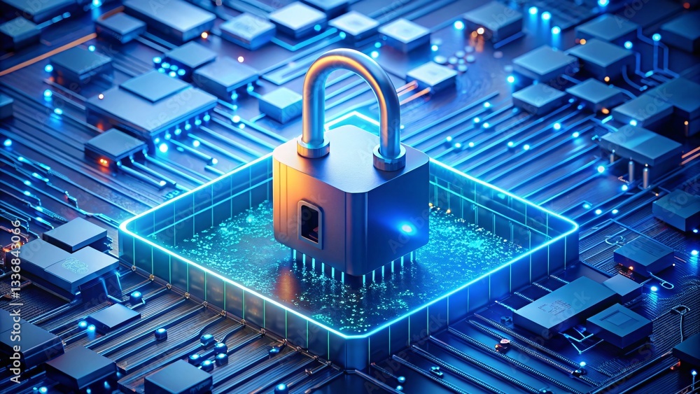 Poster cybersecurity fortress: a digital lock glows protectively atop a complex circuit board, symbolizing 