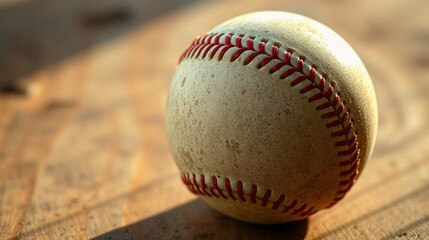 Close-Up of a Weathered Baseball on Rustic Wooden Surface