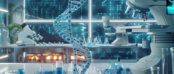 Laboratory scene with DNA double helix, microscopes, flasks, and a digital backdrop implying a biological encryption system.