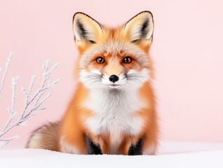 Fototapeta premium Adorable fox portrait against a soft pink background, showcasing its vibrant fur and features