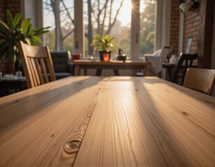 Empty wooden table for photography, in a kitchen with a window at sunset