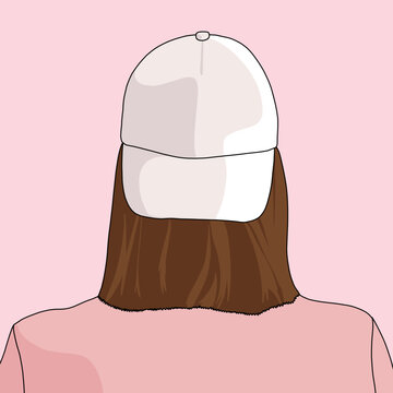 Minimalist Illustration of a Stylized Woman Facing Back with a Blank Baseball Cap. Isolated Vector Mockup for Merchandising with Pink Background