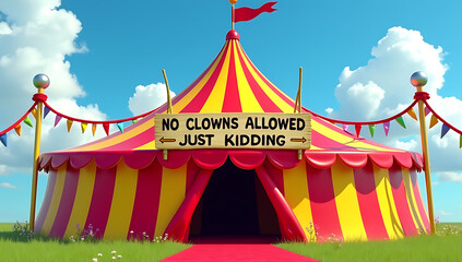 A circus tent with the words "Just kidding, no clowns allowed" written on it