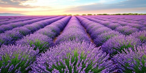 Obraz premium Imagine a vast and beautiful field filled with blooming lavender flowers, all set against the stunning backdrop of a vibrant sunset in the sky