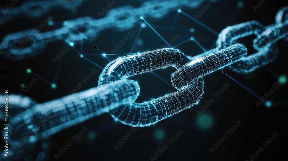 Poster wireframe chain link icon over a digital grid, symbolizing strong connections and networking.