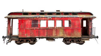 Old red rusty train carriage isolated with transparent background