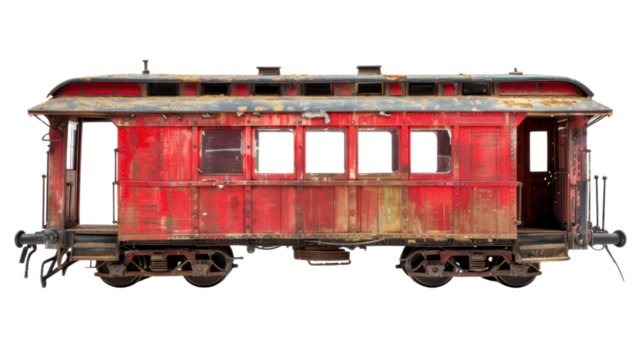 Old red rusty train carriage isolated with transparent background