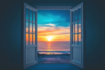 Fototapeta premium Open door frames ocean sunset view with colorful sky and reflection on water surface at dusk time