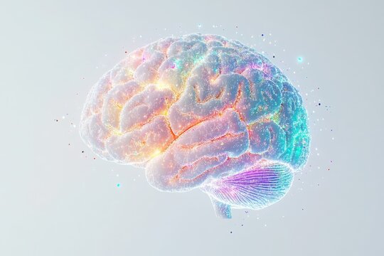 A digital illustration of a human brain with colorful sparkles on a white background art concept