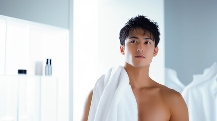 白いタオルを肩から掛ける男性