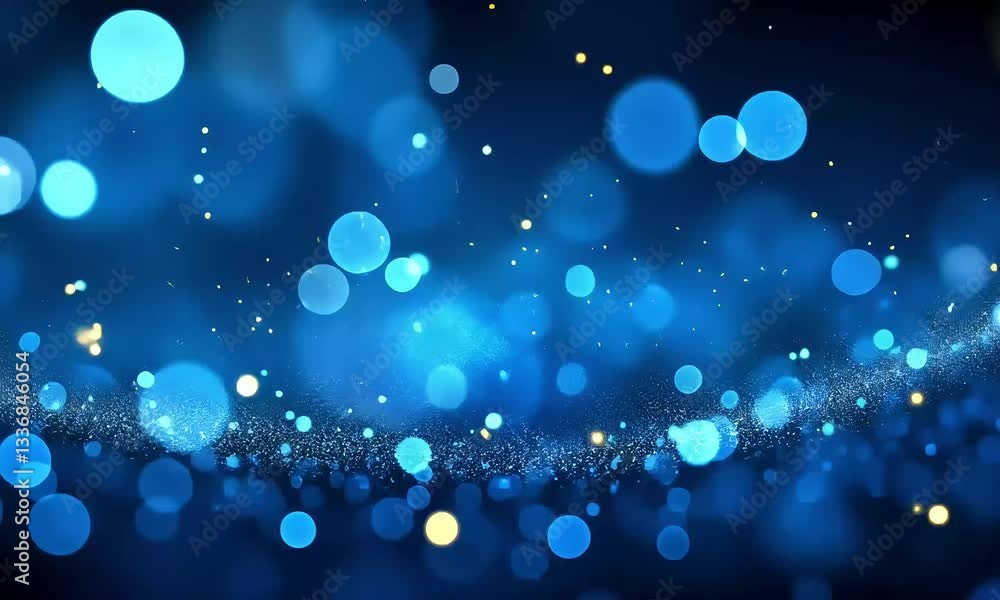 Poster bright blue bokeh lights create a shiny, defocused abstract background with a blurred, glowing effec
