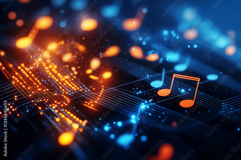 Poster abstract background featuring vibrant musical notes and glowing lines, creating dynamic and energeti