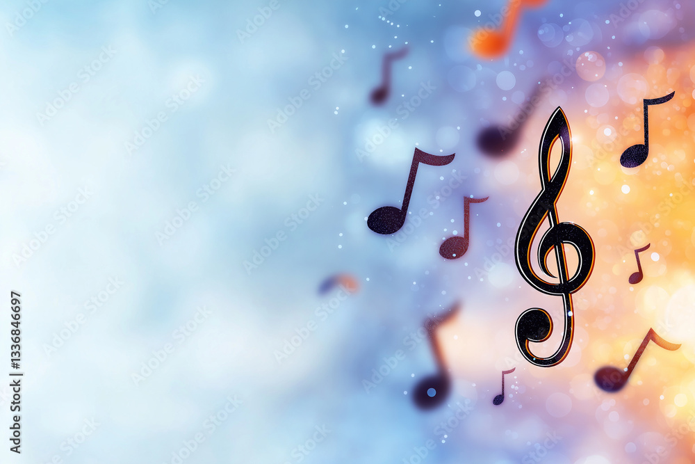 Poster abstract background with musical notes and treble clef, creating vibrant and dynamic atmosphere. ble
