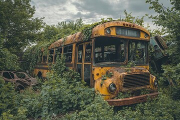 Nature Reclaims: Overgrown City Ruins with Abandoned Vehicles in a Post-Apocalyptic Landscape