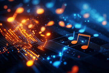 Abstract background featuring vibrant musical notes and glowing lines, creating dynamic and energetic atmosphere. Perfect for music related themes and projects
