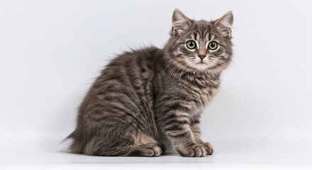 Cute gray tabby cat sitting on white background