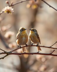 Charming Pair of Small Birds Perched on a Branch Amidst Soft Blossoms