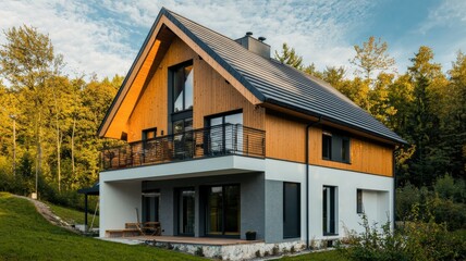 
Exterior of a modern energy-efficient house with triple-glazed windows and thick insulated walls. A concept of sustainable architecture, green building, and passive house technology.

