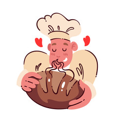 Happy cartoon baker smelling aroma of bread with love. Funny chef holding sourdough artisan loaf with brown crust. Bakery mascot, cartoon cute man with hearts and bread sticker vector illustration
