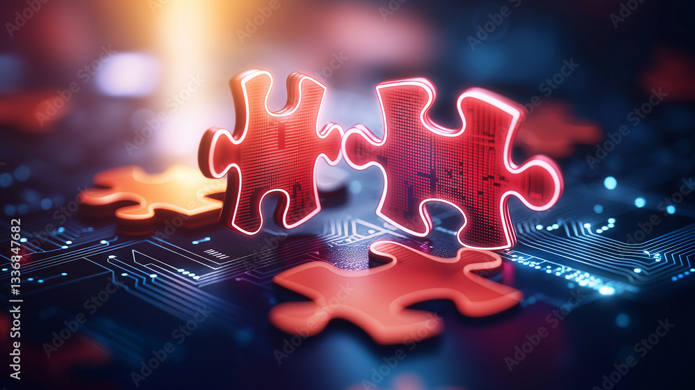 Poster abstract digital background featuring neon puzzle pieces connecting on circuit board. vibrant colors