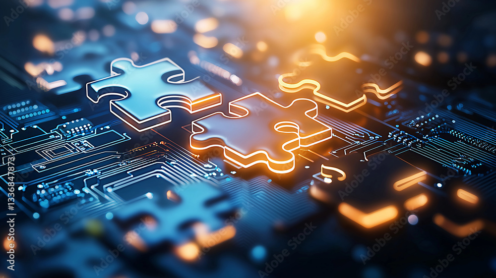 Poster futuristic puzzle pieces on circuit board, glowing with neon light, symbolize technology and innovat