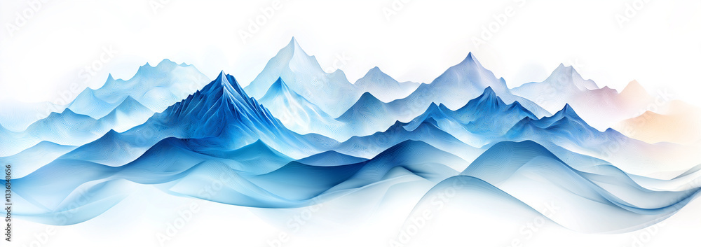Poster abstract mountain landscape with flowing blue waves and soft peaks, creating serene and tranquil atm