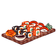 Japanese sushi serve on wooden board. Nigiri and rolls, wasabi and pickled ginger, soy sauce bowl. Asian restaurant menu, food mascot, sushi set cartoon vector illustration
