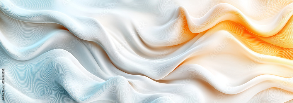 Poster soft flowing waves in white and orange hues create serene abstract background. gentle curves evoke s