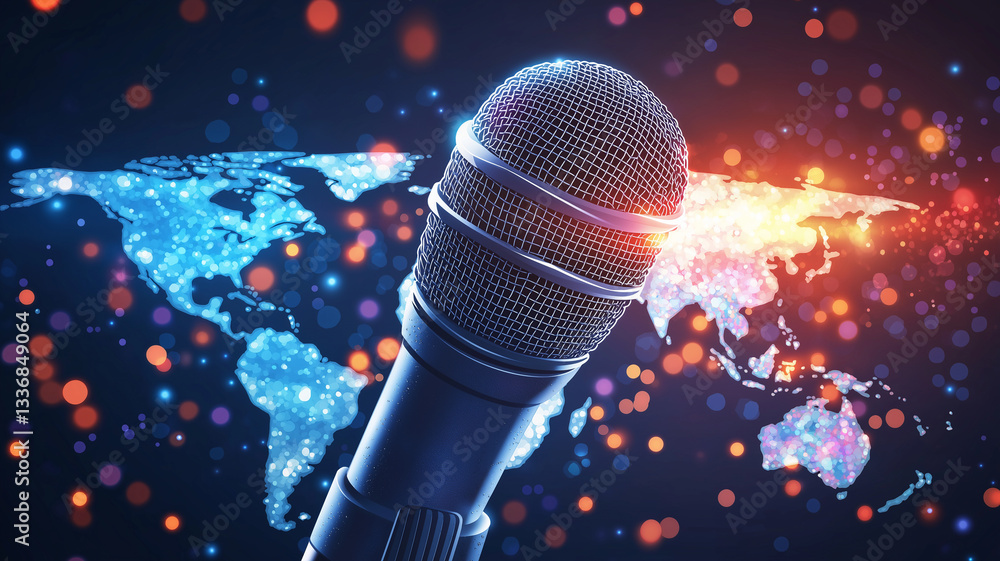 Poster vibrant microphone stands prominently against digital world map, symbolizing global communication an