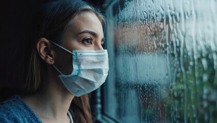 Young woman in medical mask anxiously looks at rain outside window. Patient of clinic with sad look. Psychology of people with serious illnesses