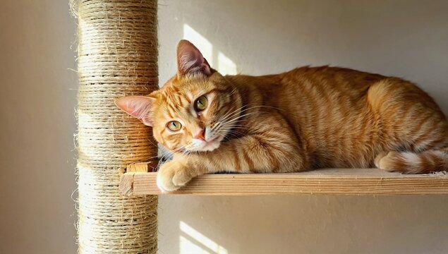 Ginger cat is basking in sun. Red kitten lying on wooden shelf. Pet resting	
