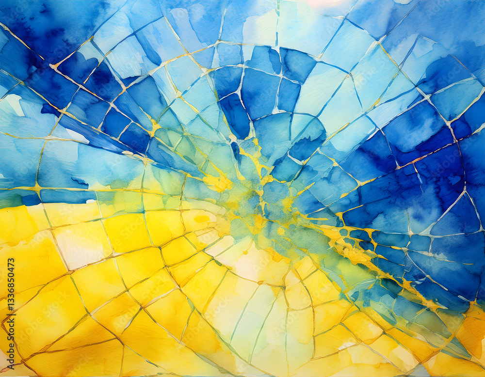 Poster an abstract painting with blue and yellow hues, featuring black lines and splatters, creating a frag