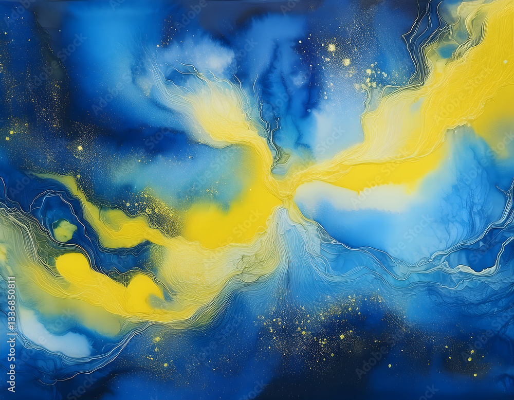 Poster a vibrant abstract painting with flowing blue and yellow hues, creating a dynamic and expressive com