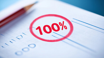 Red Circle Marking 100 Percent Score on a Document with Pencil and Blue Background for Achievement and Success Concepts in Education