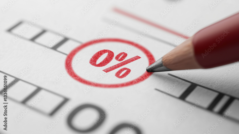 Poster close-up view of a percentage indicator highlighting zero percent with a red pencil on financial doc