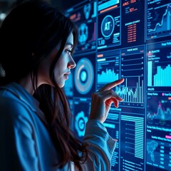 Woman reviewing complex data generated by an AI system on a large touchscreen.