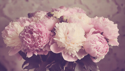 Bouquet of beautiful peonies. Pink peony flowers. Close-up of flower petals. Floral wallpaper. Delicate abstract floral pastel background. Greeting card. Generated AI